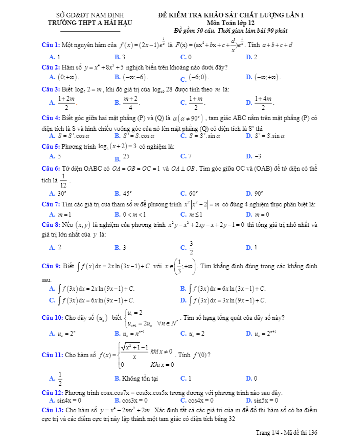đề kiểm tra kscl toán 12 lần 1 trường thpt a hải hậu – nam định