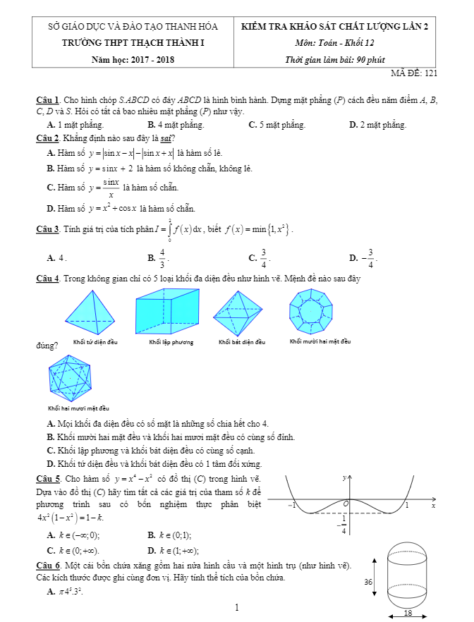 đề kiểm tra kscl toán 12 lần 2 năm 2017 – 2018 trường thạch thành 1 – thanh hóa