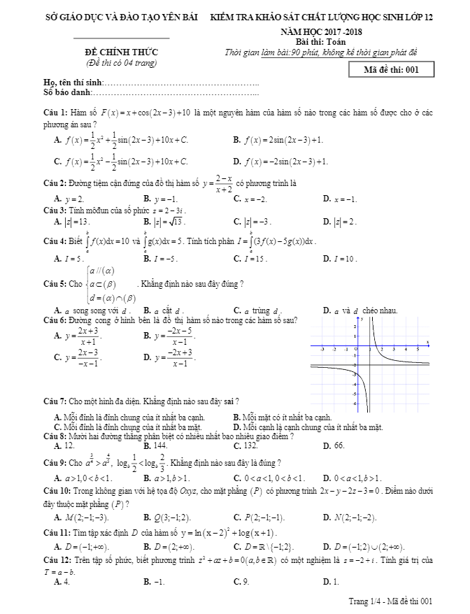 đề kiểm tra kscl toán 12 năm học 2017 – 2018 sở gd và đt yên bái
