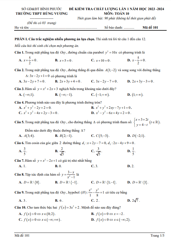 đề kiểm tra lần 1 toán 10 năm 2023 – 2024 trường thpt hùng vương – bình phước
