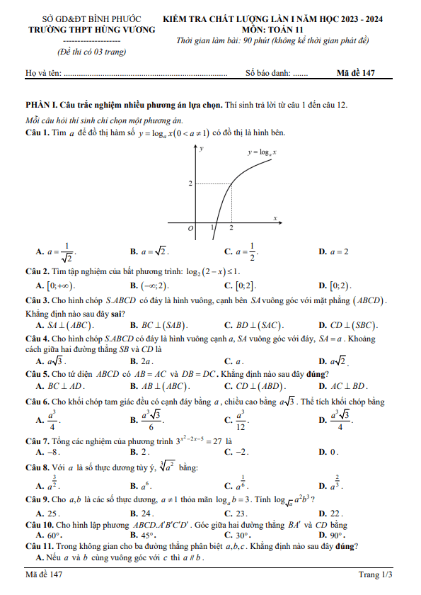 đề kiểm tra lần 1 toán 11 năm 2023 – 2024 trường thpt hùng vương – bình phước