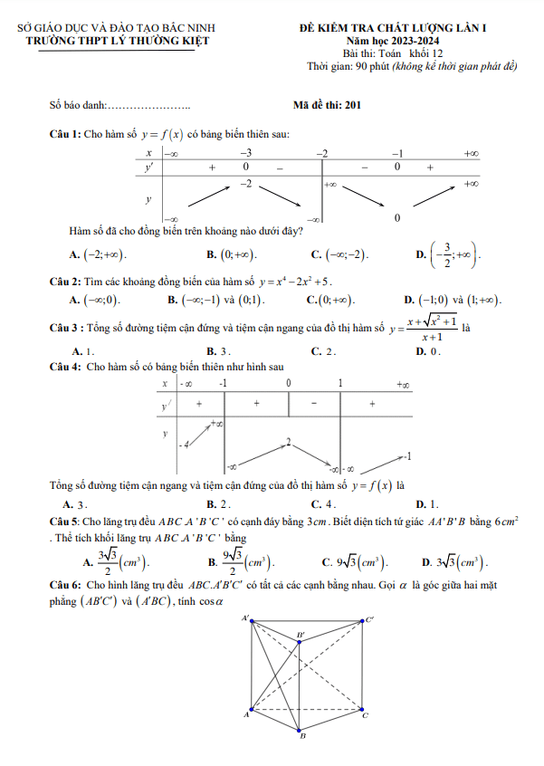 đề kiểm tra lần 1 toán 12 năm 2023 – 2024 trường thpt lý thường kiệt – bắc ninh