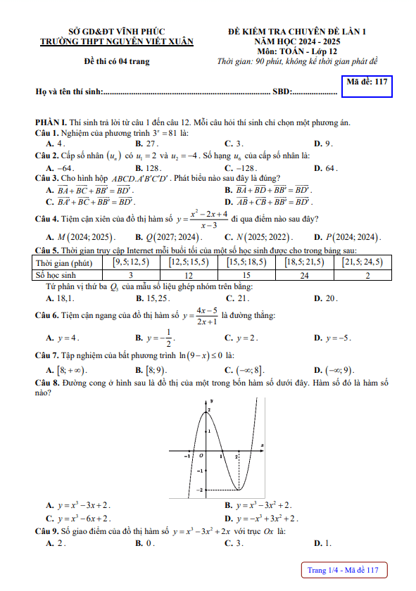 đề kiểm tra lần 1 toán 12 năm 2024 – 2025 trường thpt nguyễn viết xuân – vĩnh phúc