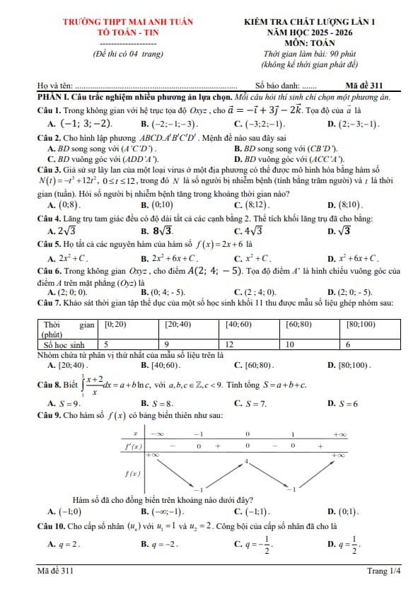 đề kiểm tra lần 1 toán 12 năm 2025 – 2026 trường thpt mai anh tuấn – thanh hóa