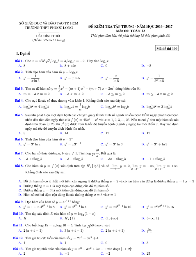 đề kiểm tra tập trung môn toán 12 trường thpt phước long – tp.hcm