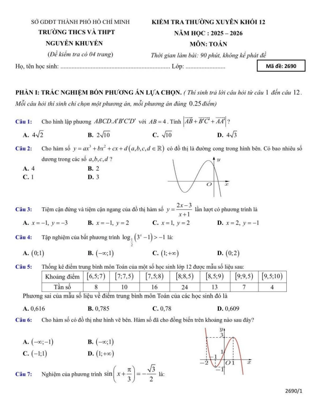 đề kiểm tra thường xuyên toán 12 năm 2025 – 2026 trường nguyễn khuyến – tp hcm