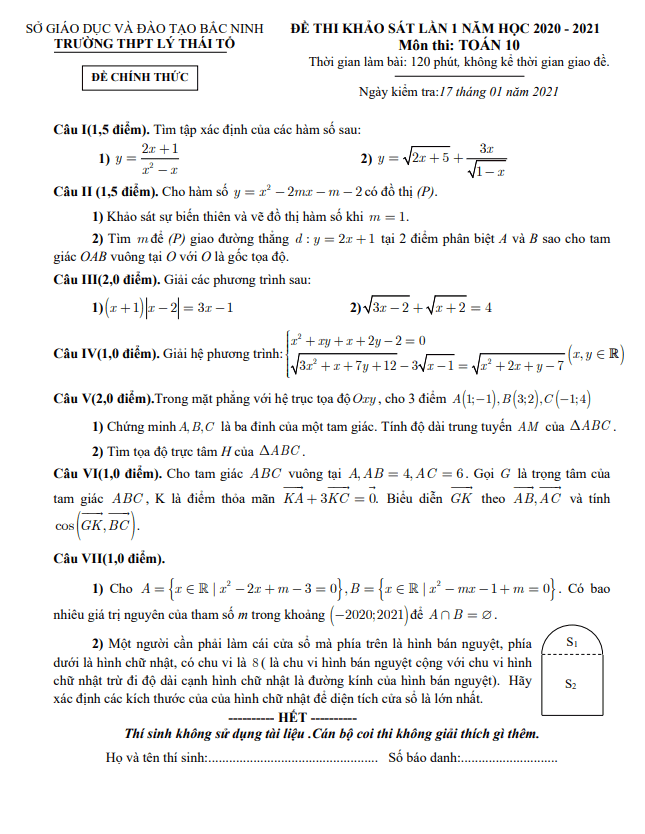 đề kiểm tra toán 10 lần 1 năm 2020 – 2021 trường thpt lý thái tổ – bắc ninh