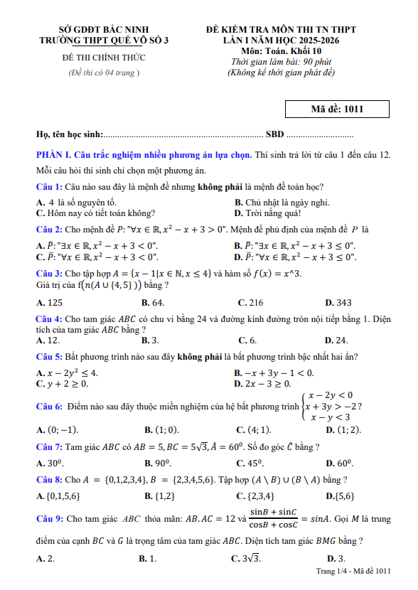 đề kiểm tra toán 10 lần 1 năm 2025 – 2026 trường thpt quế võ 3 – bắc ninh