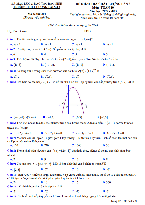 đề kiểm tra toán 10 lần 3 năm 2022 – 2023 trường thpt lương tài 2 – bắc ninh