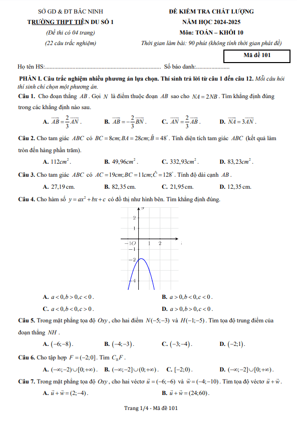 đề kiểm tra toán 10 năm 2024 – 2025 trường thpt tiên du 1 – bắc ninh