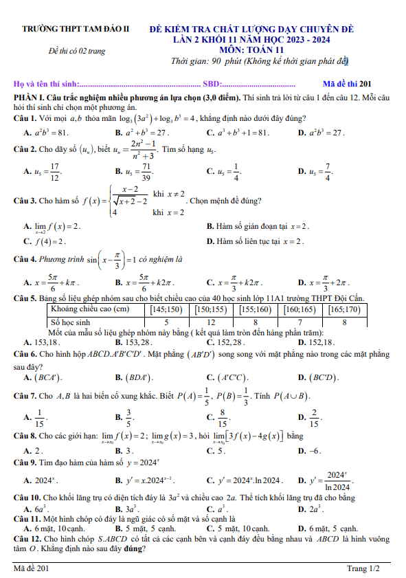 đề kiểm tra toán 11 lần 2 năm 2023 – 2024 trường thpt tam đảo 2 – vĩnh phúc