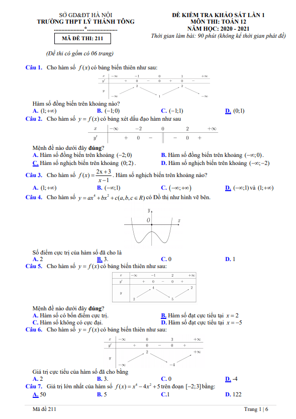 đề kiểm tra toán 12 lần 1 năm 2020 – 2021 trường thpt lý thánh tông – hà nội