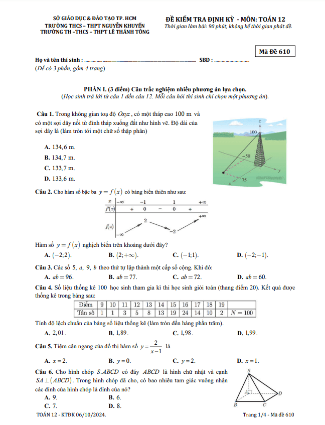 đề kiểm tra toán 12 năm 2024 – 2025 trường nguyễn khuyến & lê thánh tông – tp hcm (06/10/2024)