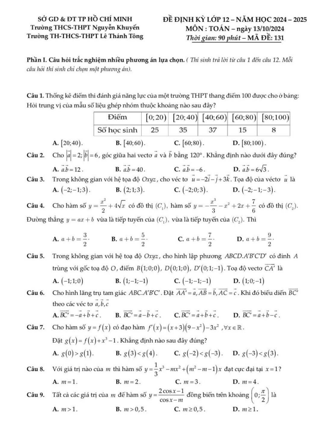 đề kiểm tra toán 12 năm 2024 – 2025 trường nguyễn khuyến & lê thánh tông – tp hcm (13/10/2024)