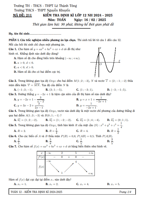 đề kiểm tra toán 12 năm 2024 – 2025 trường nguyễn khuyến & lê thánh tông – tp hcm (16/02/2025)