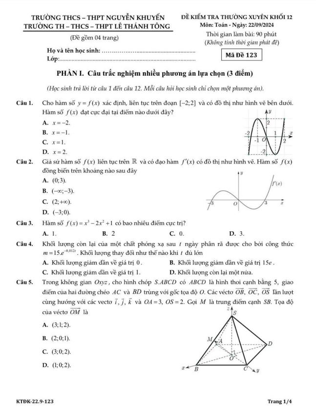 đề kiểm tra toán 12 năm 2024 – 2025 trường nguyễn khuyến & lê thánh tông – tp hcm (22/09/2024)