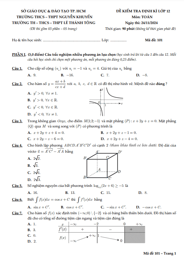 đề kiểm tra toán 12 năm 2024 – 2025 trường nguyễn khuyến & lê thánh tông – tp hcm (24/11/2024)