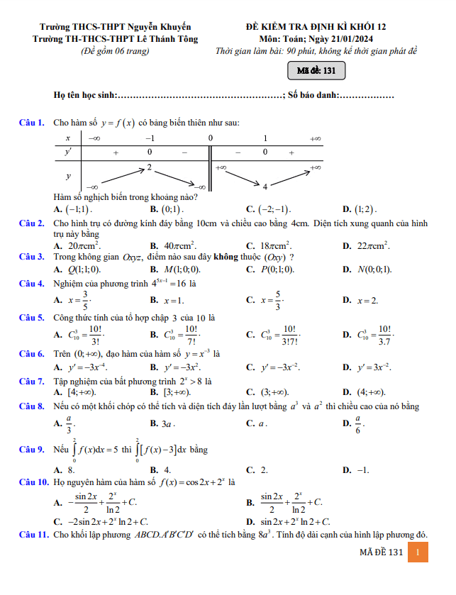 đề kiểm tra toán 12 năm 2024 trường nguyễn khuyến & lê thánh tông – tp hcm