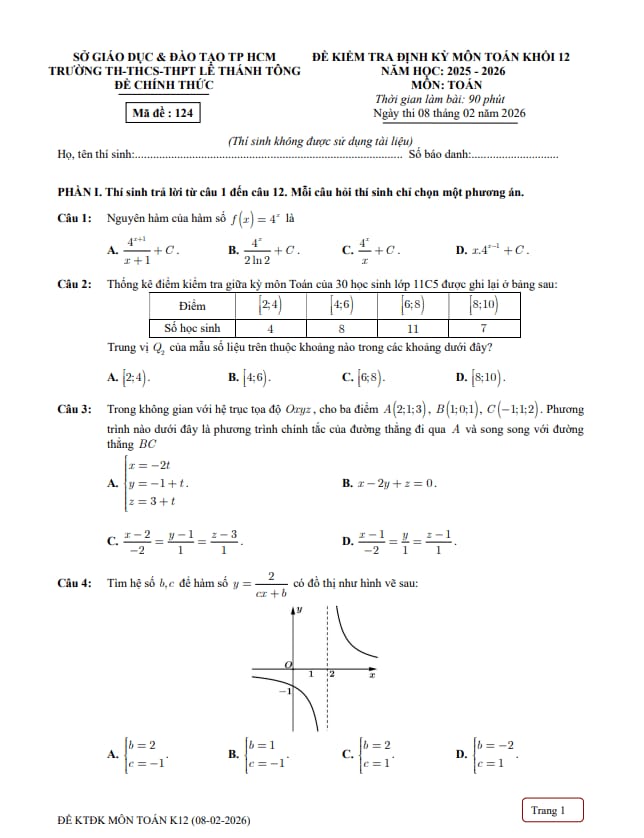 đề kiểm tra toán 12 tháng 2 năm 2026 trường lê thánh tông – tp hcm