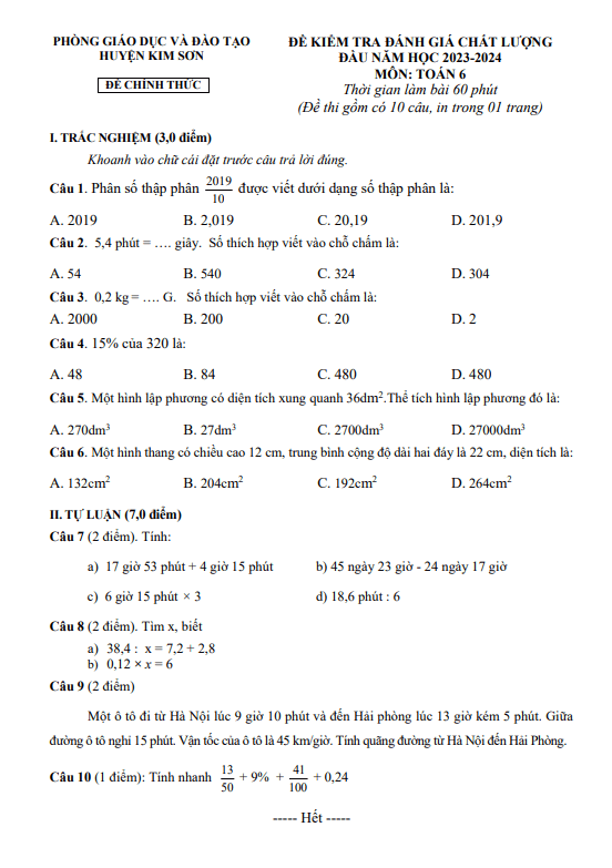 đề kiểm tra toán 6 đầu năm 2023 – 2024 phòng gd&đt kim sơn – ninh bình