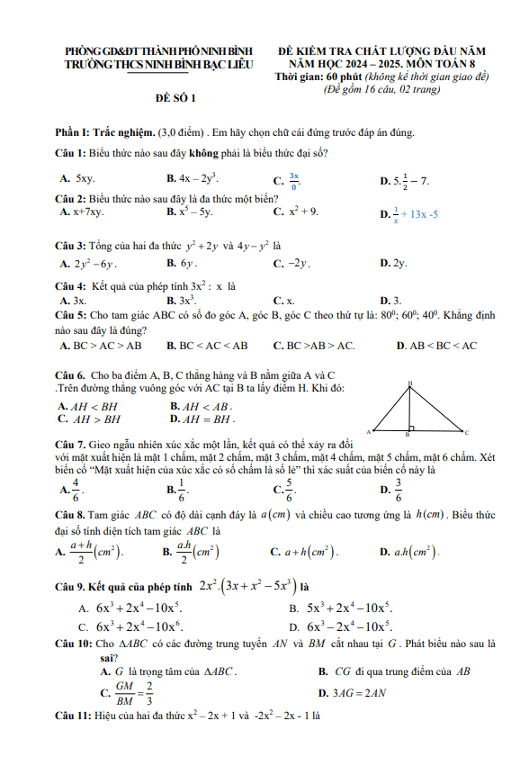đề kiểm tra toán 8 đầu năm 2024 – 2025 trường thcs ninh bình – bạc liêu – ninh bình