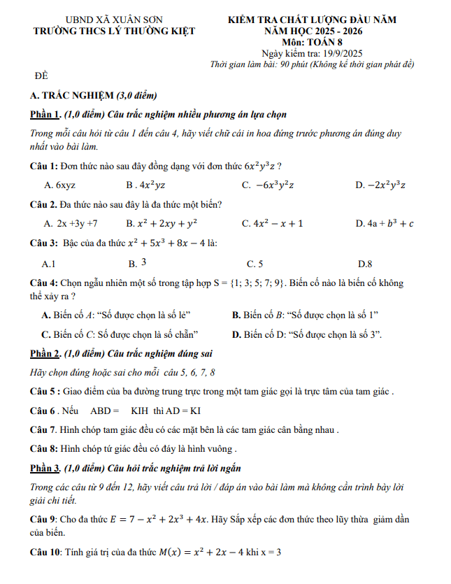 đề kiểm tra toán 8 đầu năm 2025 – 2026 trường thcs lý thường kiệt – tp hcm