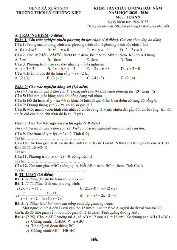 đề kiểm tra toán 9 đầu năm 2025 – 2026 trường thcs lý thường kiệt – tp hcm