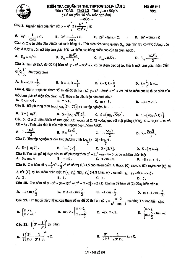 đề kiểm tra toán chuẩn bị thi thptqg 2019 trường thpt gia định – tp. hcm lần 1
