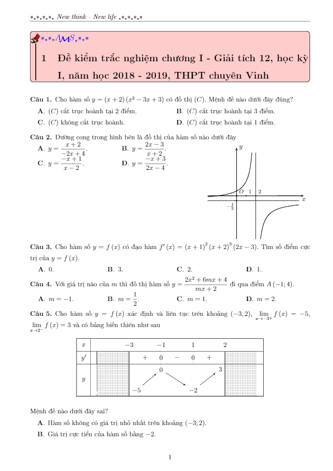 đề kiểm tra trắc nghiệm chương 1 giải tích 12 năm 2018 – 2019 trường thpt chuyên đh vinh – nghệ an