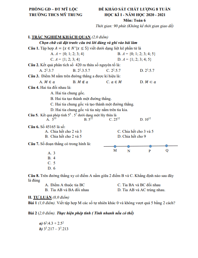 đề kscl 8 tuần học kì 1 toán 6 năm 2020 – 2021 trường thcs mỹ trung – nam định