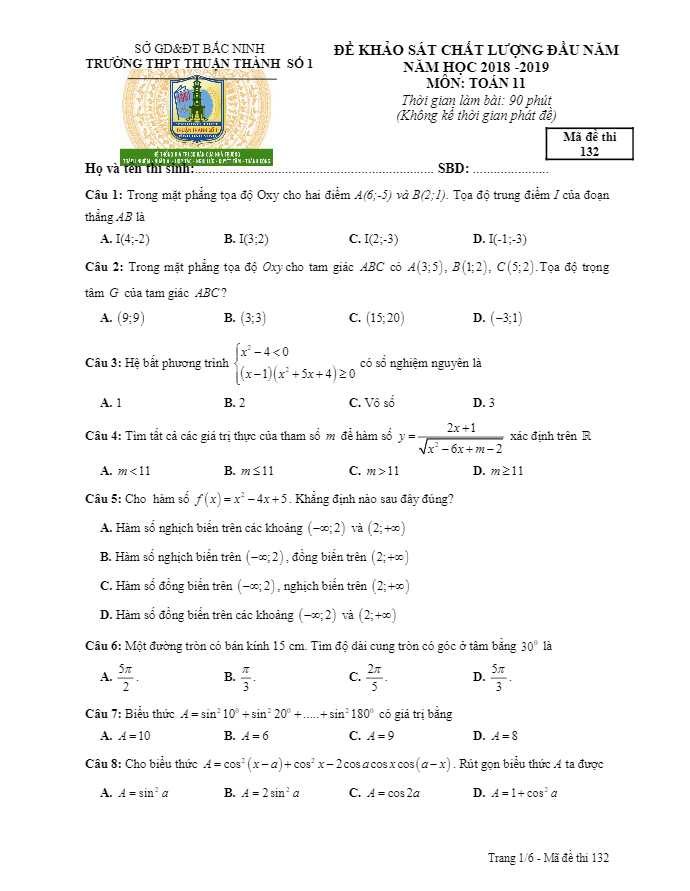 đề kscl đầu năm 2018 – 2019 toán 11 trường thpt thuận thành 1 – bắc ninh