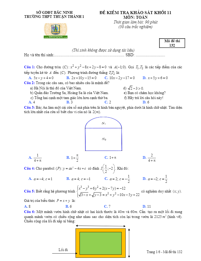 đề kscl đầu năm lớp 11 năm học 2017 – 2018 môn toán trường thpt thuận thành 1 – bắc ninh