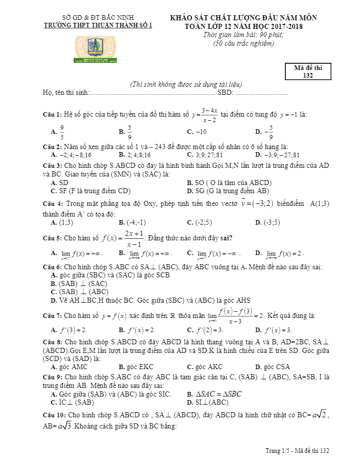 đề kscl đầu năm lớp 12 năm học 2017 – 2018 môn toán trường thpt thuận thành 1 – bắc ninh