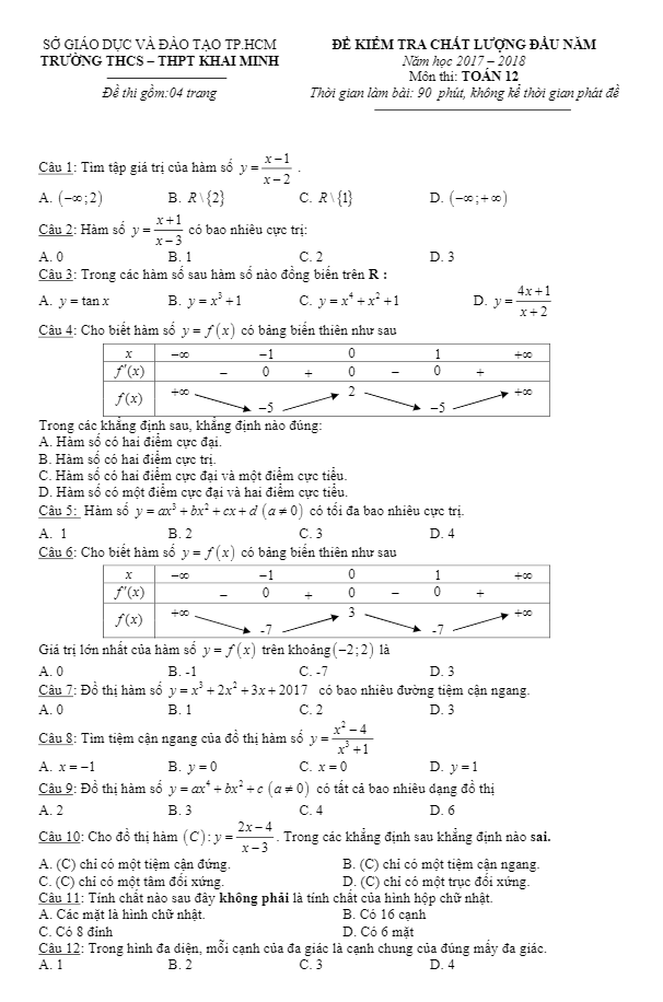 đề kscl đầu năm toán 12 năm học 2017 – 2018 trường thcs – thpt khai minh – tp. hcm