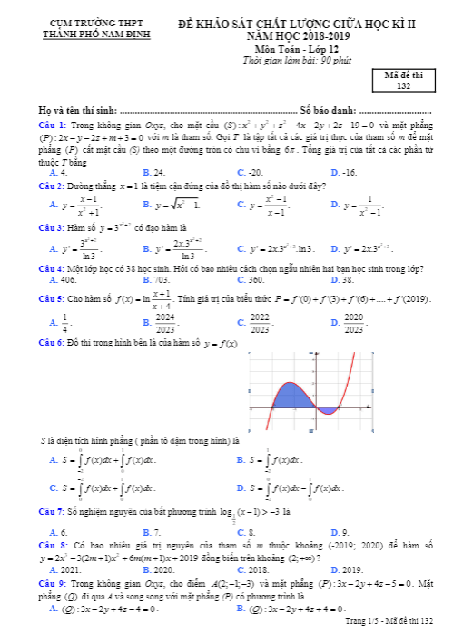 đề kscl giữa học kỳ 2 toán 12 năm 2018 – 2019 cụm trường thpt tp nam định