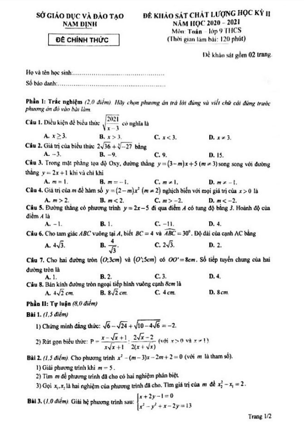 đề kscl học kỳ 2 toán 9 năm 2020 – 2021 sở gd&đt nam định