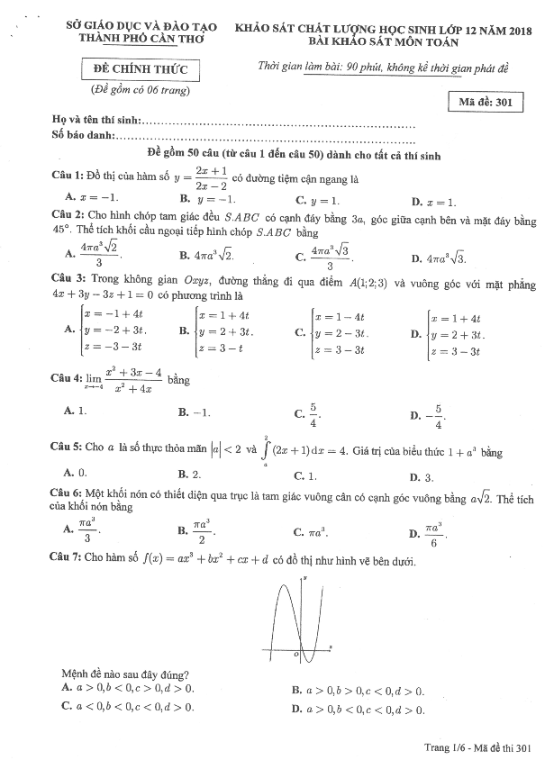 đề kscl học sinh 12 năm 2018 môn toán sở gd và đt cần thơ