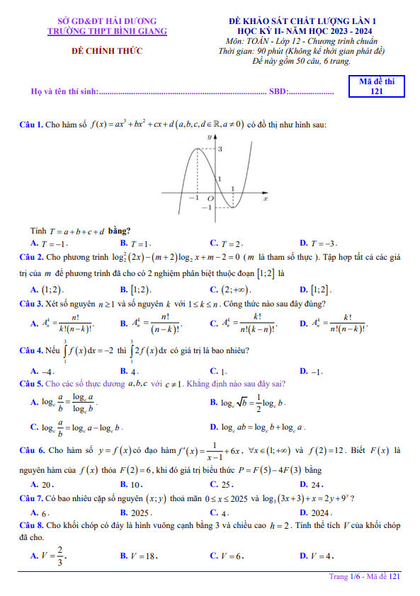 đề kscl lần 1 học kỳ 2 toán 12 năm 2023 – 2024 trường thpt bình giang – hải dương
