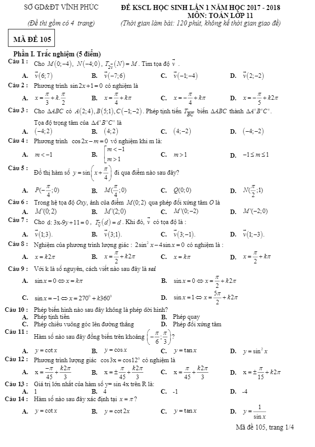 đề kscl lần 1 năm học 2017 – 2018 môn toán 11 trường thpt phạm công bình – vĩnh phúc