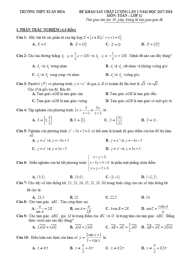 đề kscl lần 1 năm học 2017 – 2018 môn toán 11 trường thpt xuân hòa – vĩnh phúc
