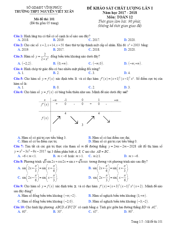 đề kscl lần 1 năm học 2017 – 2018 môn toán 12 trường thpt nguyễn viết xuân – vĩnh phúc