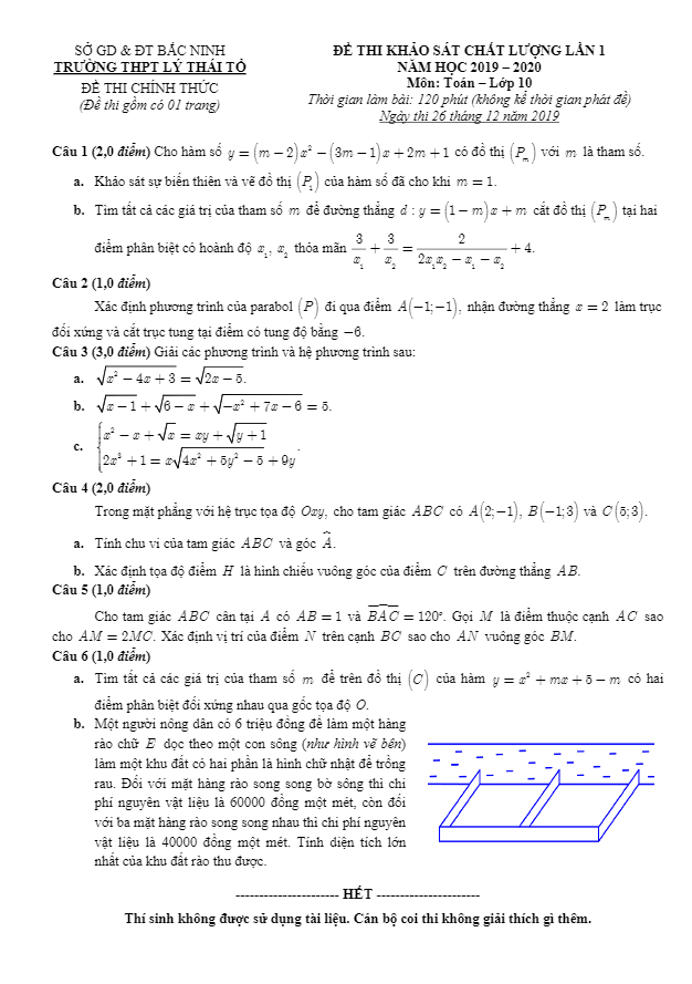 đề kscl lần 1 toán 10 năm 2019 – 2020 trường thpt lý thái tổ – bắc ninh