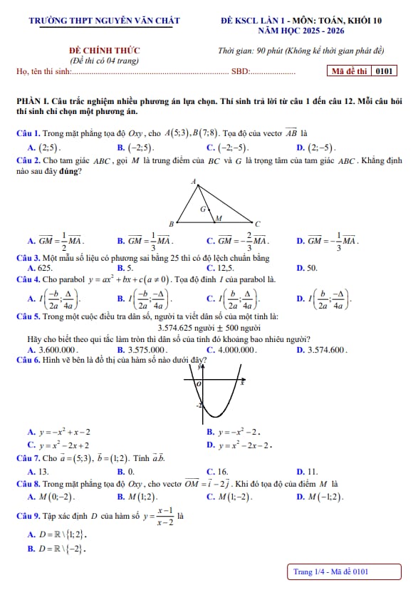 đề kscl lần 1 toán 10 năm 2025 – 2026 trường thpt nguyễn văn chất – phú thọ