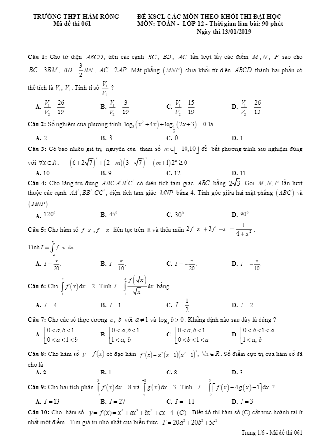 đề kscl môn toán thi đh 2019 trường thpt hàm rồng – thanh hóa