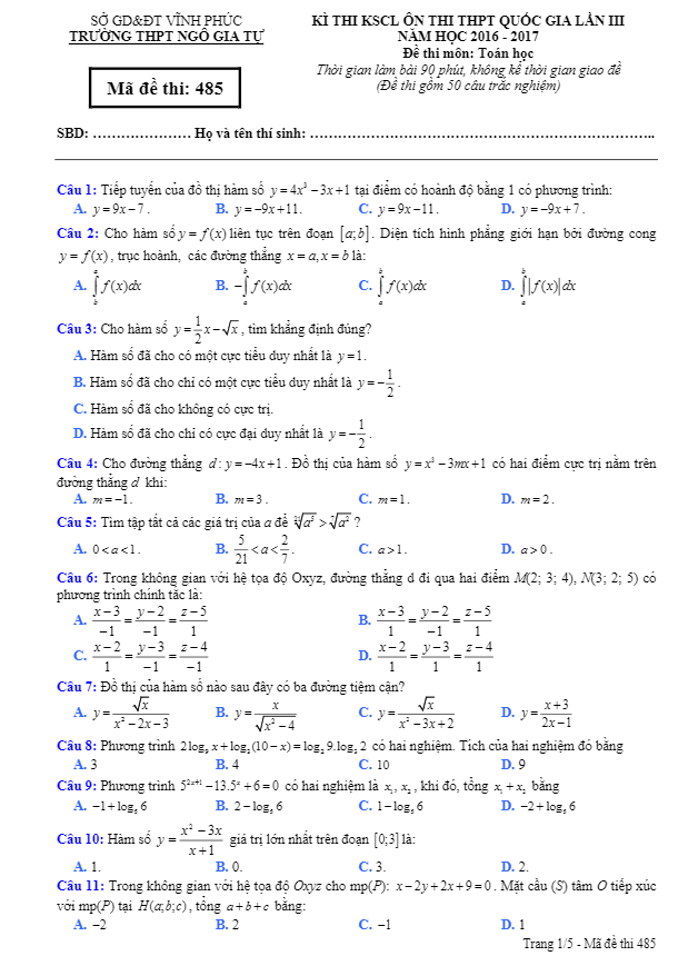 đề kscl ôn thi thpt quốc gia 2017 môn toán trường thpt ngô gia tự – vĩnh phúc lần 3