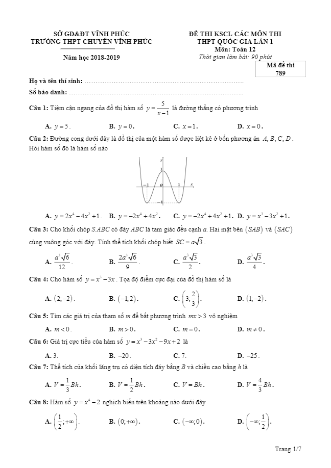 đề kscl ôn thi thpt quốc gia 2019 môn toán trường thpt chuyên vĩnh phúc lần 1