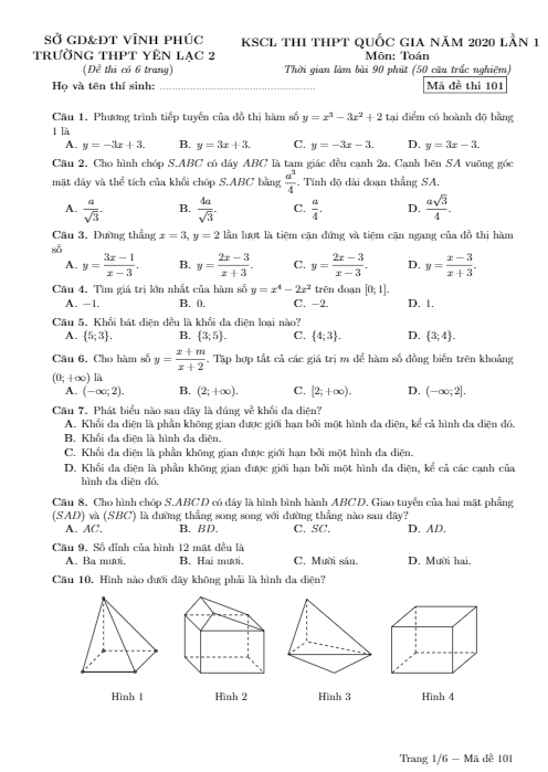 đề kscl thi thpt quốc gia 2020 môn toán lần 1 trường yên lạc 2 – vĩnh phúc