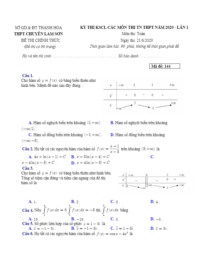 đề kscl thi tn thpt 2020 lần 1 trường thpt chuyên lam sơn – thanh hóa