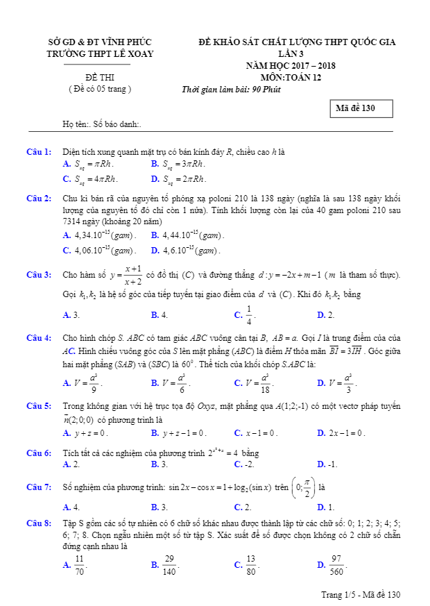 đề kscl thpt quốc gia 2018 môn toán trường thpt lê xoay – vĩnh phúc lần 3