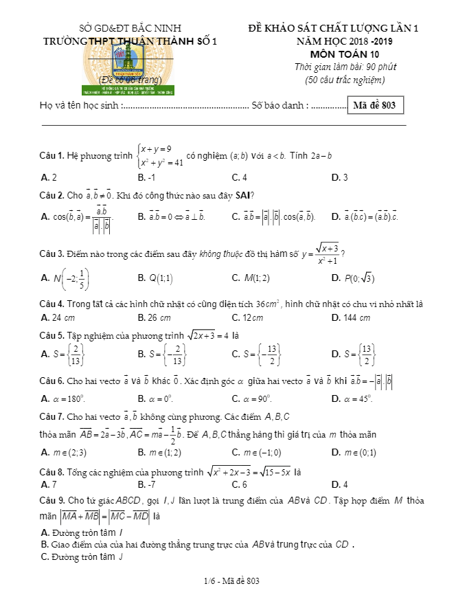 đề kscl toán 10 lần 1 năm 2018 – 2019 trường thuận thành 1 – bắc ninh
